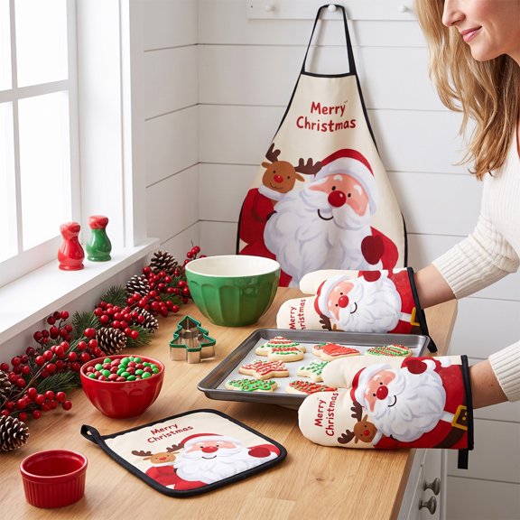 Christmas Kitchen Oven Mitt Set Of 3 Heat Cotton Baking Cooking Gift Set with Mitt Holiday Cooking Supplies for Women Mom,Christmas Aprons