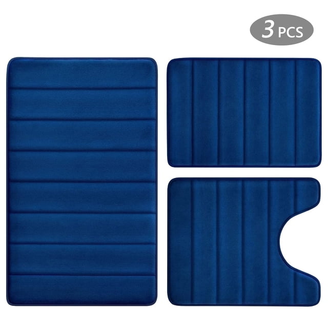 Semfri 3 Pcs Memory Foam Bathroom Mat Set in navy blue, including a large 20 x 32 inch mat, a small 16 x 24 inch mat, and a U-shaped 20 x 24 inch mat. These absorbent, machine washable mats feature thick memory foam for comfort and a non-slip textured design for stability. Suitable for bathrooms, kitchens, and other indoor spaces.
