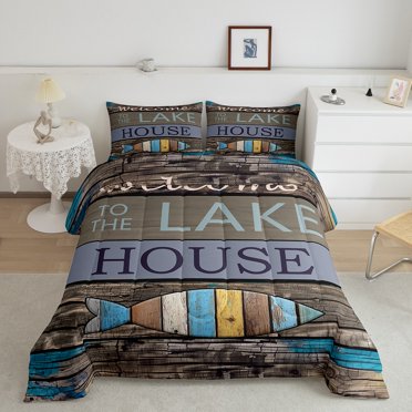 Erosebridal Ensemble de Couette Très Grand Lodge Cabin, Insert de Housse de Couette Lake House, Couettes et Housses de Couette Rustiques de Pêche, Microfibre Décorative pour la Chambre, 3 Pcs