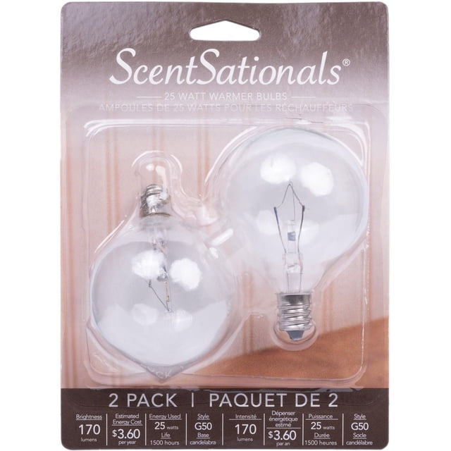 ScentSationals 25 Watt Full Size Warmer Bulb 2-pack with clear glass G50 base candelabra bulbs, providing 170 lumens brightness and 1500 hours lifespan, designed for safe, mercury-free wax warmer use to enhance scent diffusion in home lighting with low energy cost.