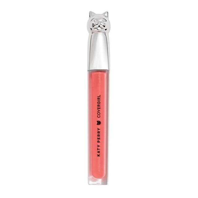 COVERGIRL Katy Kat Gloss lip gloss in a clear tube with coral pink shade and a silver cat-head shaped cap, featuring 'Katy Perry COVERGIRL' text, providing full-coverage, intensely pigmented lip color with a soft, moisturizing, non-sticky shine, ideal for a glossy 3-D effect.