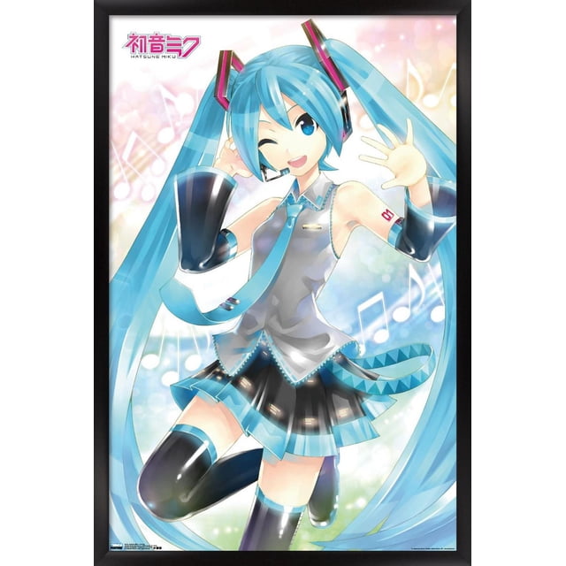 Hatsune Miku - Affiche Murale Ondulante, 22,375 Po x 34 Po, Représentant le Personnage d'Anime Hatsune Miku avec de Longues Queues Jumelles turquoise, Portant un Haut Argenté Sans Manches avec Bordure turquoise et Lien, une Jupe Plissée Noire avec accents turquoise et des Bottes Noires Cuissardes. l'Affiche Brillante Présente des notes de Musique sur un Fond pastel et Est Encadrée en Noir, Idéale pour Décorer des Chambres, des Bureaux Ou des Résidences Étudiantes.