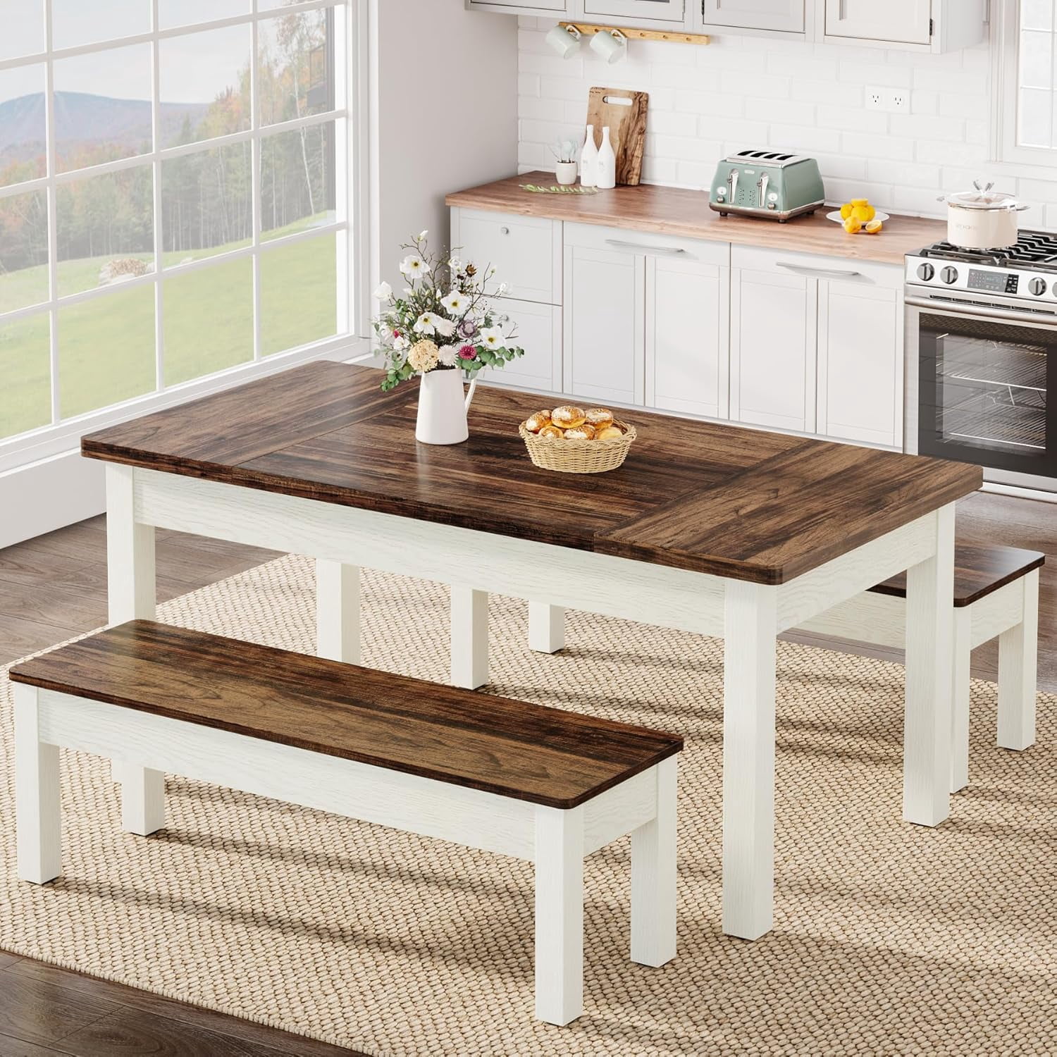 Tribesigns 3 Pieces Dining Table Set with 2 Benches, 55-Inch Wood Kitchen Table Set for 4-6, Farmhouse Space-Saving Dinette for Kitchen, Dining Room (Brown&White)