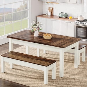 Tribesigns 3 Pieces Dining Table Set with 2 Benches, 55-Inch Wood Kitchen Table Set for 4-6, Farmhouse Space-Saving Dinette for Kitchen, Dining Room (Brown&White)