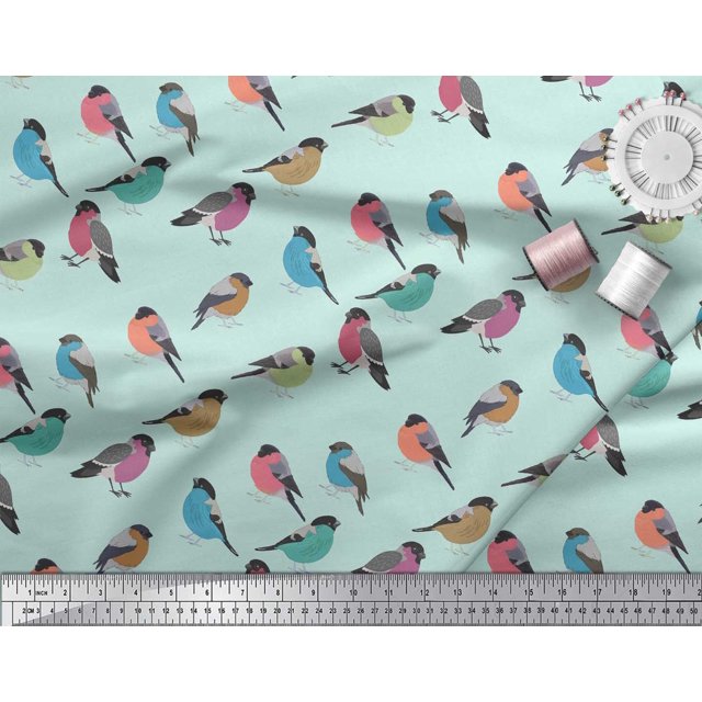 Soimoi Green Cotton Poplin Fabric Rufous Flycatcher Bird Print Sewing Fabric Yard 58 Inch Wide