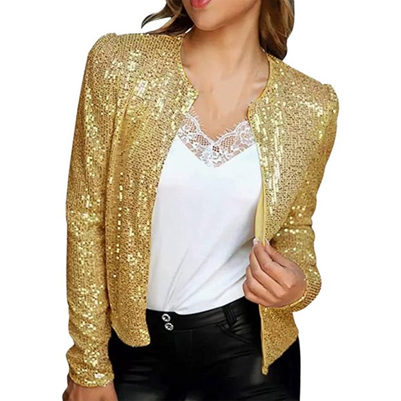 Wdgfv Women's Sequin Jackets Open Front Blazer Jacket Block Sequin Short Jacket with Standing Collar for Women Casual Versatile Fashion Outerwear Top Gold XL