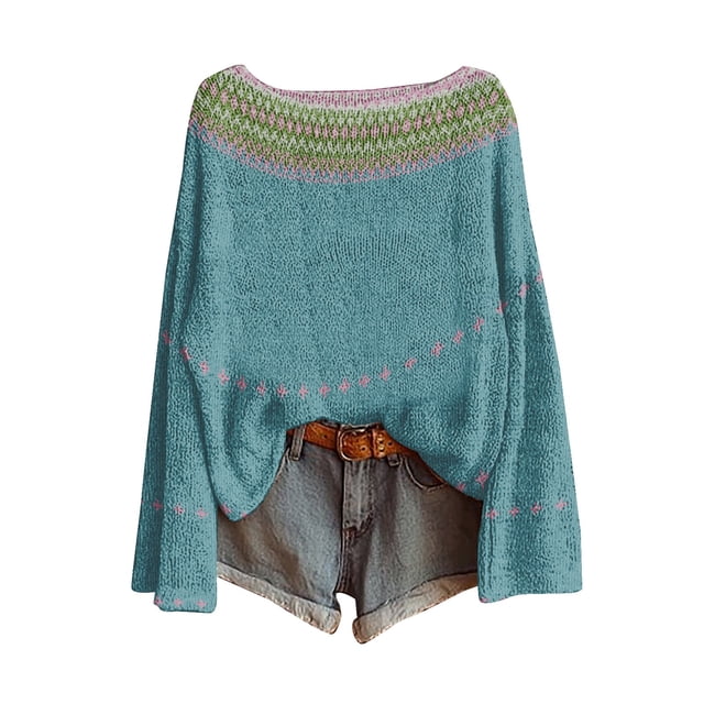 WTXUE Chandail Rétro Fair Isle Vintage pour Femmes à Imprimé Artistique, Chandail Léger Surdimensionné à Manches Longues, Col Rond, Chandail Mignon Vintage, Chandails d'Automne Décontractés Amples en Tricot, Tuniques, Bleu Ciel, TG