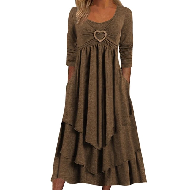 2025 Robe Décontractée Ample pour Femmes Robes pour Femmes Décontractées Robe à Manches Longues pour Femmes Robes d'Été pour Dames Décontractées Col Rond Ample Fluide Robe pour Dames Froncée