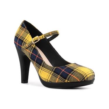 BLISSFUL STEP Escarpin pour Femme à Carreaux à Plateforme à Talons Aiguilles Escarpins Jaune 8