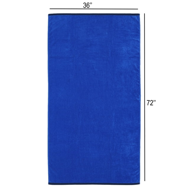 Mainstays Solid Reversible Beach Towel in cobalt blue, 36 by 72 inches, shown flat with solid color and black edge trim, suitable for use as a bath towel or bathroom accessory.