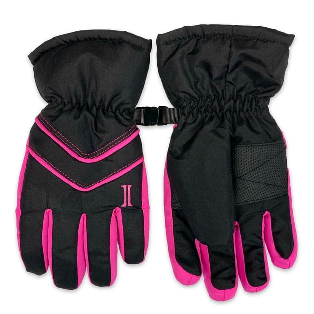 IGLOOS Gant de Ski pour Filles en Noir avec Garniture Rose, Isolé et Coupe-Vent avec Coquille Déperlante, Fermetures de Poignet Ajustables et Prises de Paume Texturées, Idéal pour Garder les Mains des Enfants au Chaud et au Sec pendant les Jeux Extérieurs d'Hiver.