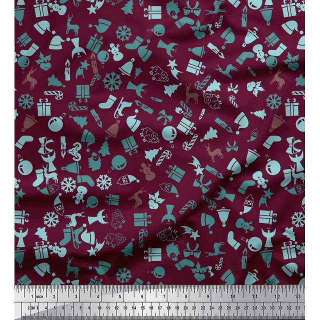 Soimoi polyester Crepe Fabric Santa Cap,Gift Box & Bell Christmas Print Fabric by Yard 52 Inch Wide