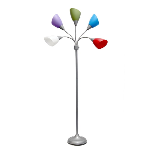 Simple Designs Lampe sur Pied à Col de Cygne Réglable à 5 Lumières avec une base en Métal Argenté et Cinq Bras à Col de Cygne Flexibles, Chacun Tenant un Abat-Jour Incliné en Plastique en Rouge, Bleu, Vert, Violet et Blanc, Conçue pour un Éclairage Directionnel Réglable et Adaptée à la Lecture Ou à l'Éclairage de Tâches dans les Environnements Domestiques.