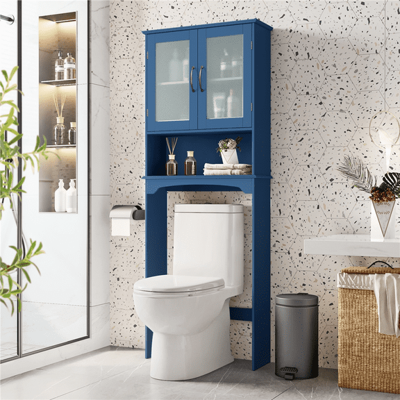 FullFurnique Freestanding Over-the-Toilet Storage Cabinet with 2 Tempered Glass Doors and 1 Open Shelf, Navy Blue