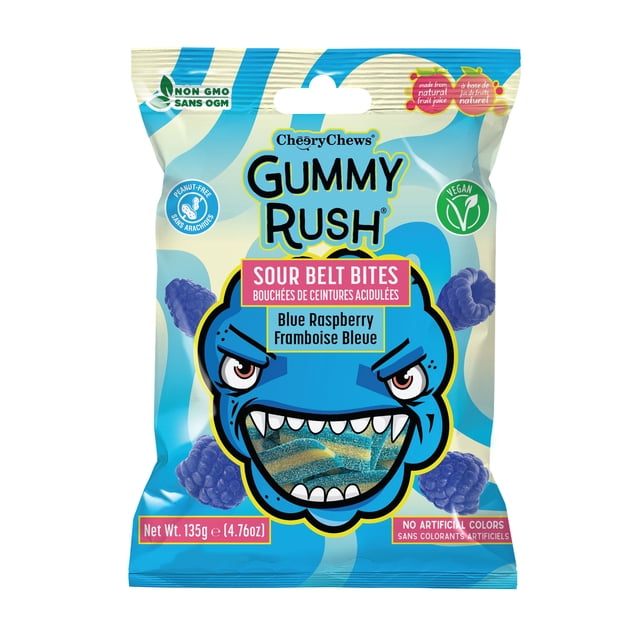 Cheery Chews Gummy Rush - Blue Raspberry - Sour Belt Bites 135g bag featuring a blue monster face with sharp teeth, showing blue and yellow sour gummy belt candies inside. Vegan, non-GMO, peanut-free, no artificial colors, made with natural fruit juice. Suitable for snacking and school-safe.