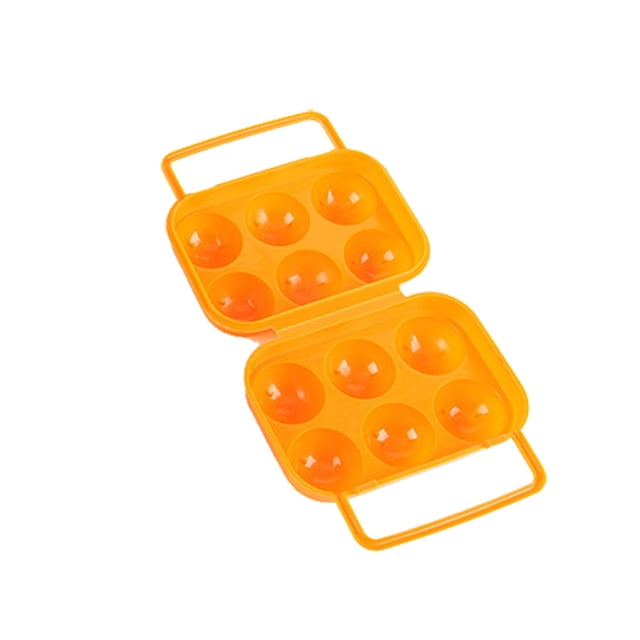 Agiferg Portable 6 Eggs Plastic Container Holder Folding Egg Storage Box Handle Case in orange. The container is made of durable plastic and features a compact, lightweight design with a handle for easy carrying. It has six molded compartments with bulgy and rugged dots to securely hold eggs and protect them from breaking. The box is shown open, displaying its egg-holding capacity.