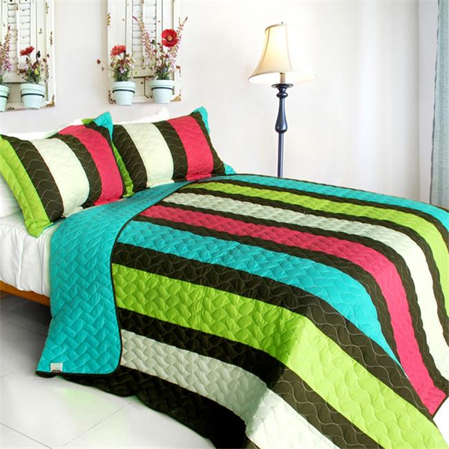 My Way - 3 Pieces Vermicelli-Quilted Patchwork Quilt Set  Full &amp; Queen Size - Green