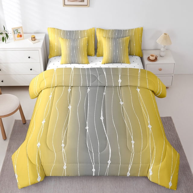 YST Ensemble de Douillette Dégradé Ombré, Jaune et Gris, 7 Pcs, Rayures Géométriques Abstraites, Format Double