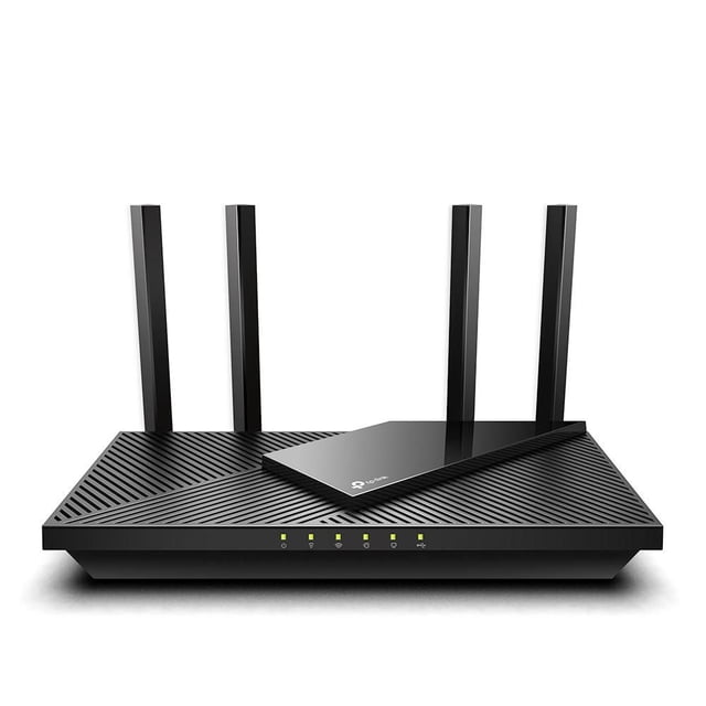 TP Link AX3000 Dual Band Gigabit WI-FI6 Router with four fixed high-performance antennas, black matte top with diagonal grooves, front LED indicators for power, internet, 2.4 GHz and 5 GHz bands, and gigabit Ethernet ports, ideal for fast streaming and gaming.