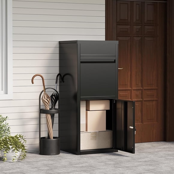 YODOLLA Anti-Theft Parcel Drop Box, All-Weather Heavy Duty Steel Mailbox with Mail Slot & Bottom Pickup Compartment, 120 LBS Weight Capacity Outdoor Secure Package Box 16.34”x15.2”x40.2”,Black