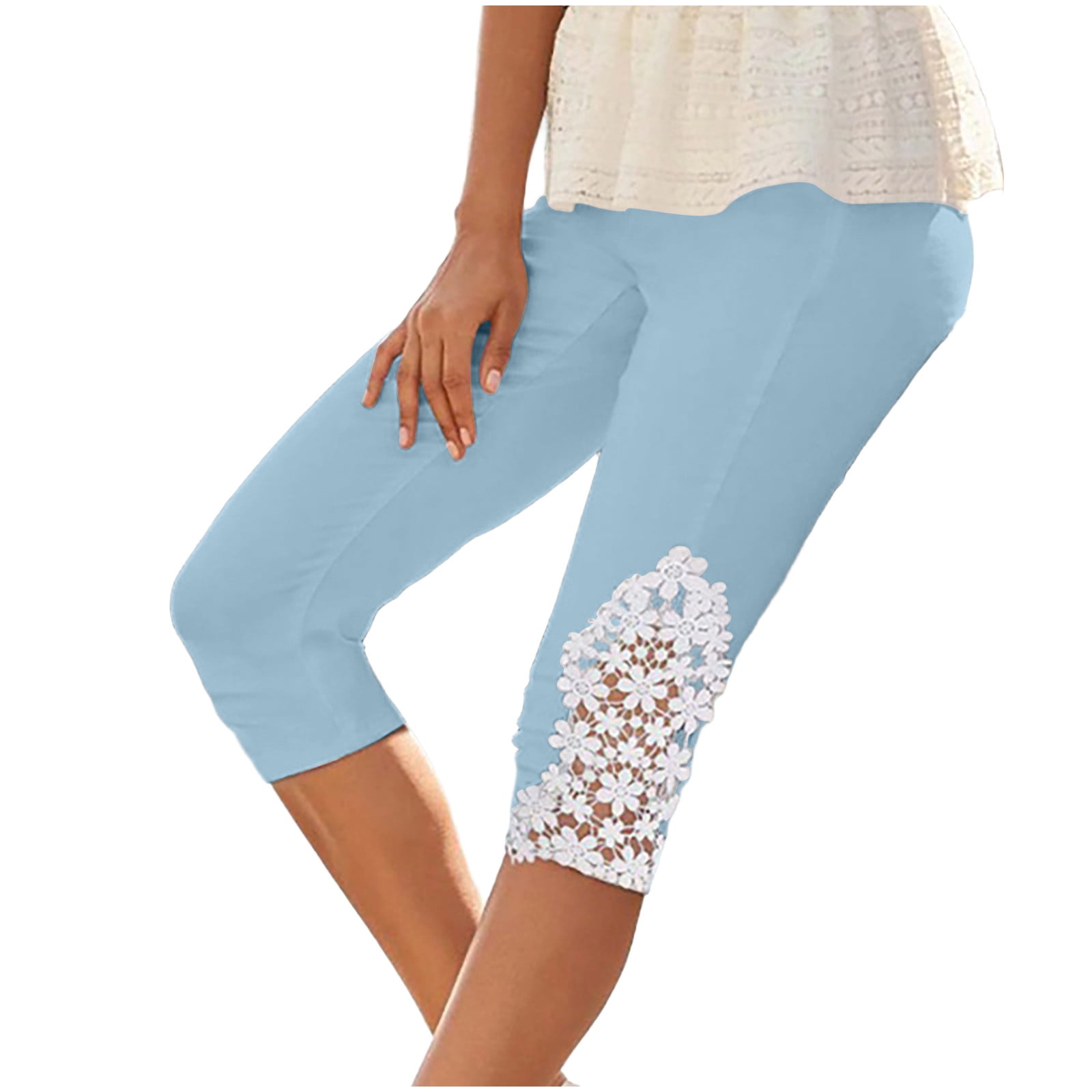 XZNGL Casual Solid Color Lace Trim 3/4 Pants for Women, Stretchy