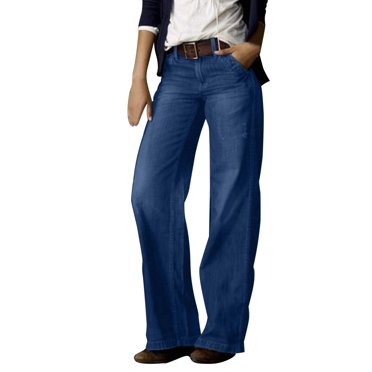 Bmisegm Jeans à Jambe Grand Décontractés Rétro pour Femmes, Bleu Foncé, m