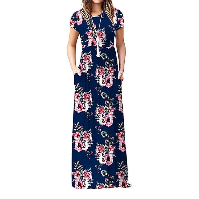Robe Longue Maxi Décontractée à Fleurs pour Femmes, Manches Courtes, Coupe Ample, Unie, avec Poches