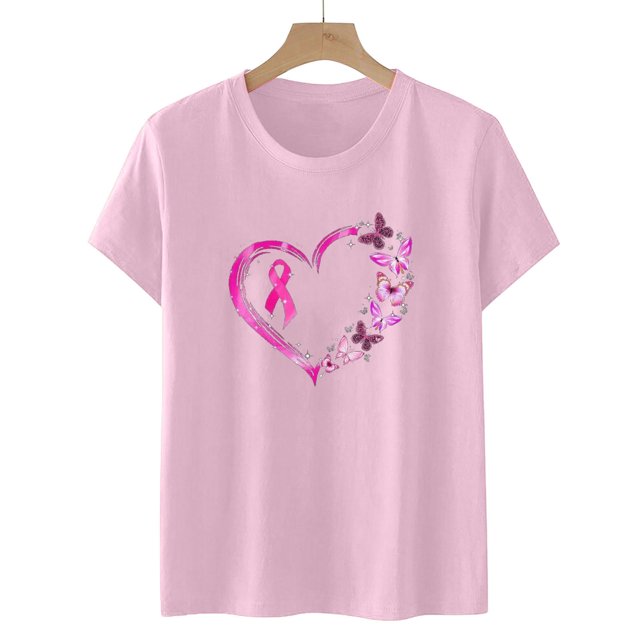 Lenago Hauts pour Femmes Mode Décontractée Femmes Manches Courtes Imprimé Dames Manches Courtes Col Rond Blouses Hauts T-Shirt Cancer du Sein Chemises pour Femmes en Liquidation