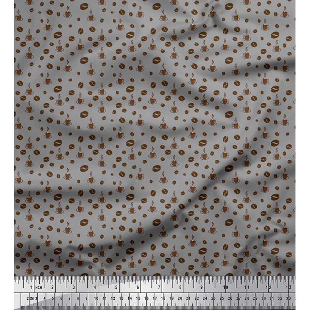 Soimoi Moss Georgette Fabric Coffee Beans & Coffee Beverages Fabric Prints by Yard 42 Inch Wide