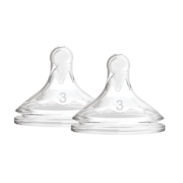 Dr. Brown's Natural Flow Options+ Wide-Neck Bottle Nipple 2 pack Level 3 with two clear, breast-shaped silicone nipples offering medium-fast flow for babies 6 months and older, designed to fit wide-neck bottles and reduce colic with an anti-colic vent system.