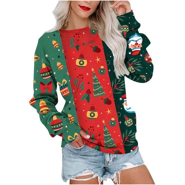 Chandails à Capuchon pour Filles Hauts Décontractés de Mode pour Femmes Manches Longues de Noël Imprimé Col Rond Couverture Chandail à Enfiler Chandails à Enfiler Chandails pour Adolescentes en Liquidation