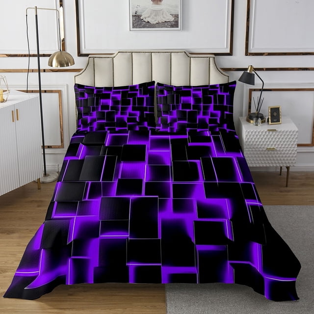 Erosebridal Neon Geometry Coverlet Set King,Stereoscopic Gradient Plaid Bedding Set,Kids Room Decorative,Ultra Soft,3 Pieces