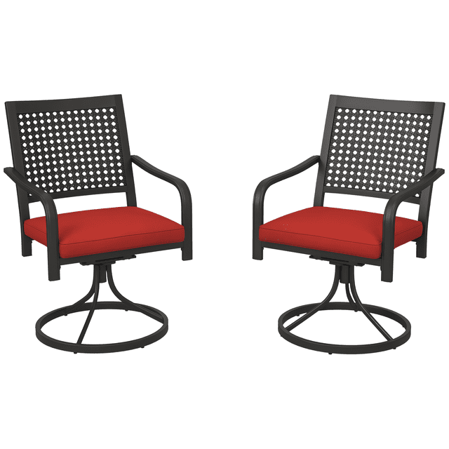 Outsunny Chaises Pivotantes de Patio avec Coussin, Fauteuil Berçant Pivotant d'Extérieur, Rouge. un Ensemble de Deux Chaises Pivotantes à Cadre en Acier Noir avec Coussins Rembourrés Rouges et Dossiers Perforés. Conçues pour une Utilisation Extérieure, Ces Chaises Offrent une Fonctionnalité de Pivotement à 360° et un Mouvement de Bascule, les Rendant Adaptées pour Se Détendre dans des Espaces Familiaux comme les patios, les Jardins Ou les Zones au Bord de la Piscine. les Coussins Ont des Housses à Fermeture Éclair pour un Retrait et un Nettoyage Faciles. Dimensions : 22,8 Pouces de