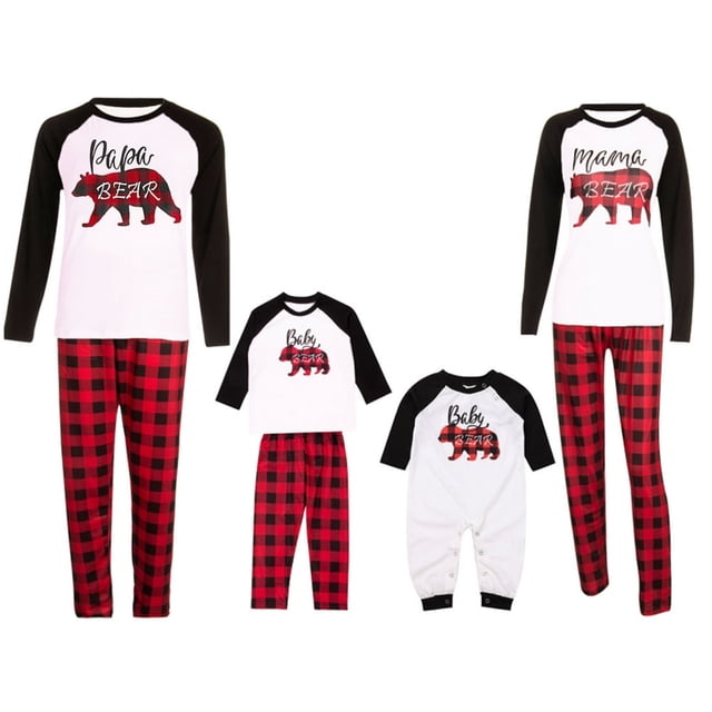 Matching Family Christmas Pajamas Set Raglan Bear Printe Top Plaid Pants Set Sleepwear