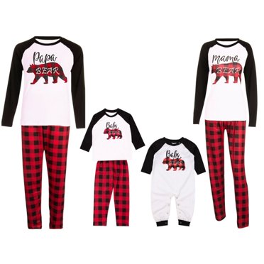 Pyjamas Familiaux des Fêtes Ensembles Assortis Pyjamas de Noël avec Barboteuse Imprimée Mama Bear Pantalon à Carreaux Vêtements de Nuit