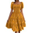 thumbnail image 1 of Summer Dresses Floral Casual Party V Neck Short Sleeve Wrap Waist Ruffle with Pockets Spring Dress Yellow XL, 1 of 4