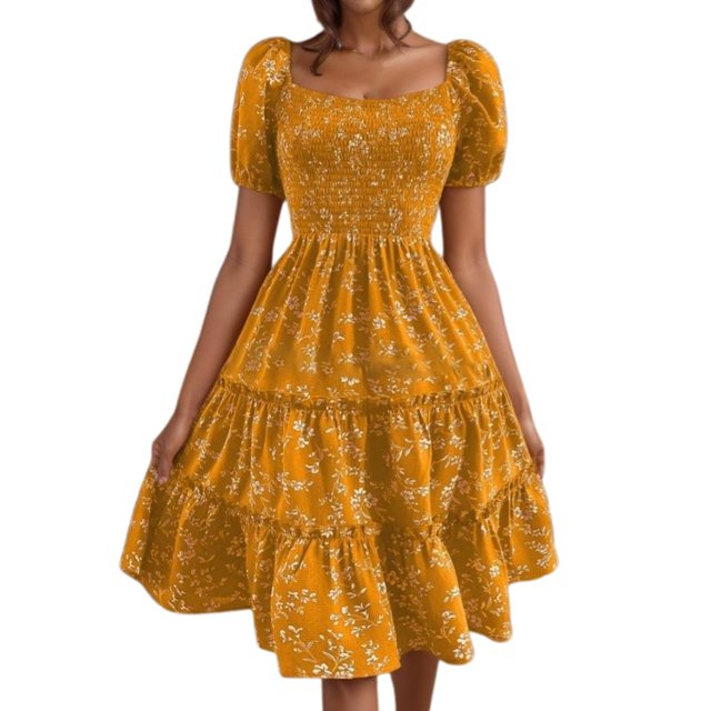 Summer Dresses Floral Casual Party V Neck Short Sleeve Wrap Waist Ruffle with Pockets Spring Dress Yellow XL
