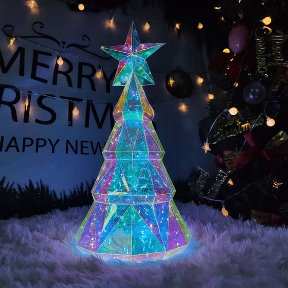 Prismatic Iridescent Christmas Tree, Desktop Decoration Tree with LED Lights, Prismatic Rainbow Iridescent LED Desktop Christmas Tree ,Holographic Christmas Tree Gift for Families Indoor Decorations