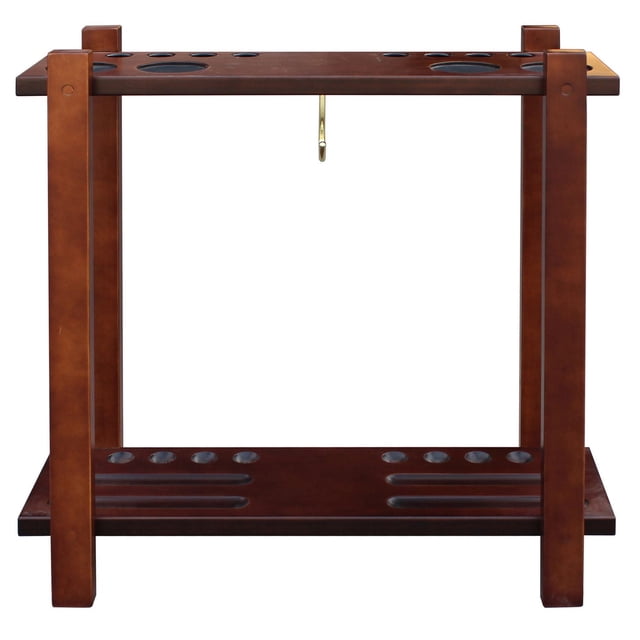 Classic Floor Billiard Pool Cue Rack in antique walnut finish, handcrafted solid hardwood with free-standing frame. Holds up to ten pool cues, includes four built-in drink holders, a hook for hanging a ball rack, and a lower shelf for billiard balls with scratch-resistant clear coat.