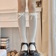 thumbnail image 2 of CSChome Stockings 1 Pair Japanese Style Ruffle Trim Bowknot Decor Women Stockings Retro Solid Color Hollow Jacquard Long Princess, 2 of 7