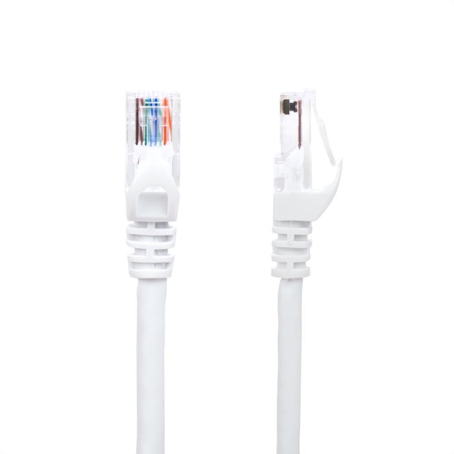 PrimeCables Cat6 550MHz UTP RJ45 Ethernet Bare Copper Network Cable in white, featuring durable gold-plated connectors and a compact boot design for easy clip insertion. This 100FT cable supports speeds up to 10 Gb/s and is compatible with 10/100/1000 Ethernet networks. Ideal for wired home and office networks.