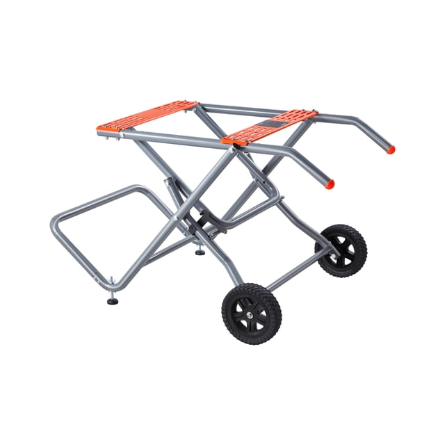 VEVOR Portable Table Saw Stand with Wheels, constructed from durable gray carbon steel with bright orange accents. This specialty power tool accessory features two 8-inch rubber wheels for easy transport and a foldable design for compact storage. Supports up to 350 lbs and is compatible with various table saw brands and sizes.