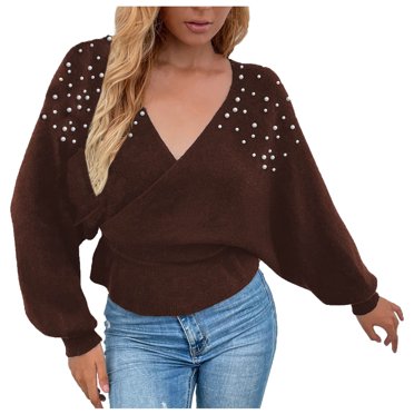 IROINID Chandail à Col en V pour Femmes Couleur Unie Confortable Court Manches Longues Hiver Perles Hauts Chandails