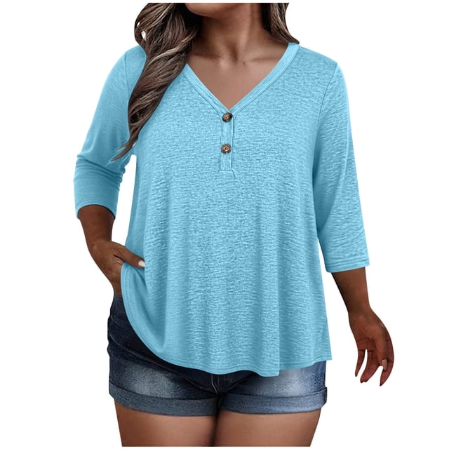 KyCheLot Hauts à Col en V pour Femmes Automne à Boutons Grande Taille Manches 3/4 Couleur Unie Vêtements Confortables Amples Hauts de Randonnée