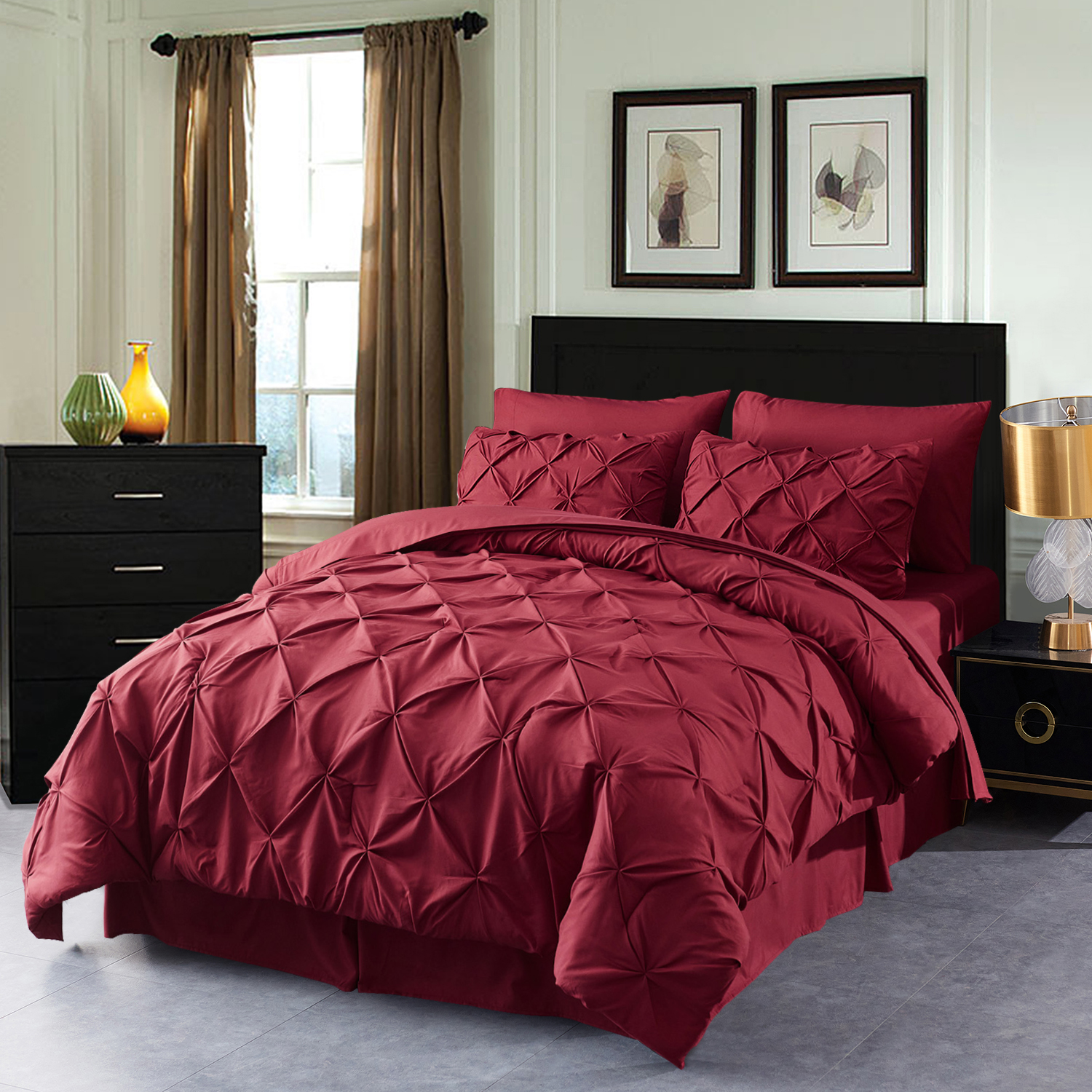 HAOK Ensemble de Couette Plissée Très Grand 8 Pcs, Literie en Microfibre, Bordeaux