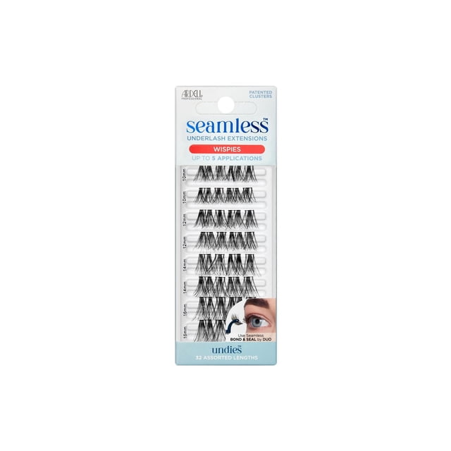 Ardell Seamless Underlash Extensions Wispies Refill Kit featuring 32 black underlash clusters in assorted lengths from 10mm to 16mm with a no-show superfine band for seamless underlash application, displayed in retail packaging with an inset showing lash placement under the eye.