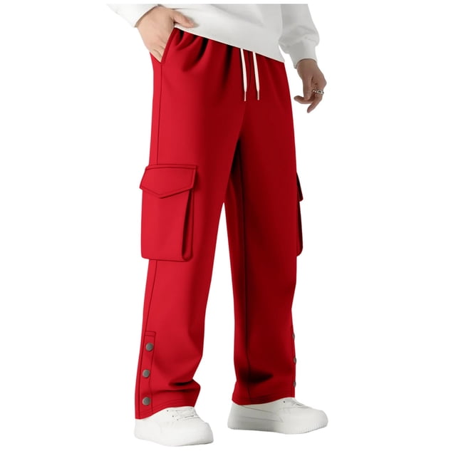 Lovzfmll Men's Solid Color Slit Hem Cargo Sweatpants, Elastic Drawstring Waist, Straight-Leg for Modern Style Red, 2XL
