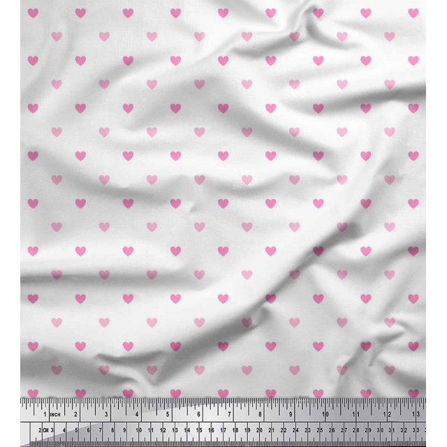 Soimoi White Rayon Fabric Pink Heart Print Sewing Fabric Yard 56 Inch Wide