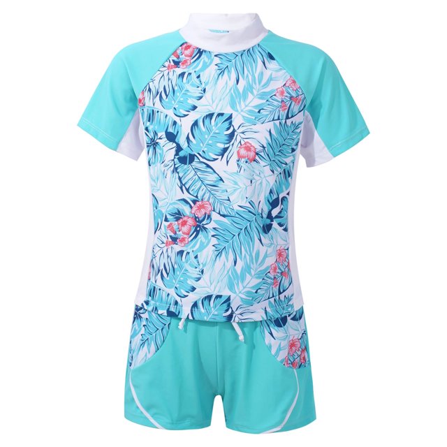 Kaerm Girls Swimsuit UPF 50+ UV Sun Protection 2 Piece Short Sleeve Swimwear Rash Guard Sets Tropical Leaves 16