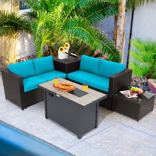 Gymax Ensemble de Mobilier de Patio en Rotin 5 Pcs Table à Foyer avec Housse Rangement Coussin Turquoise